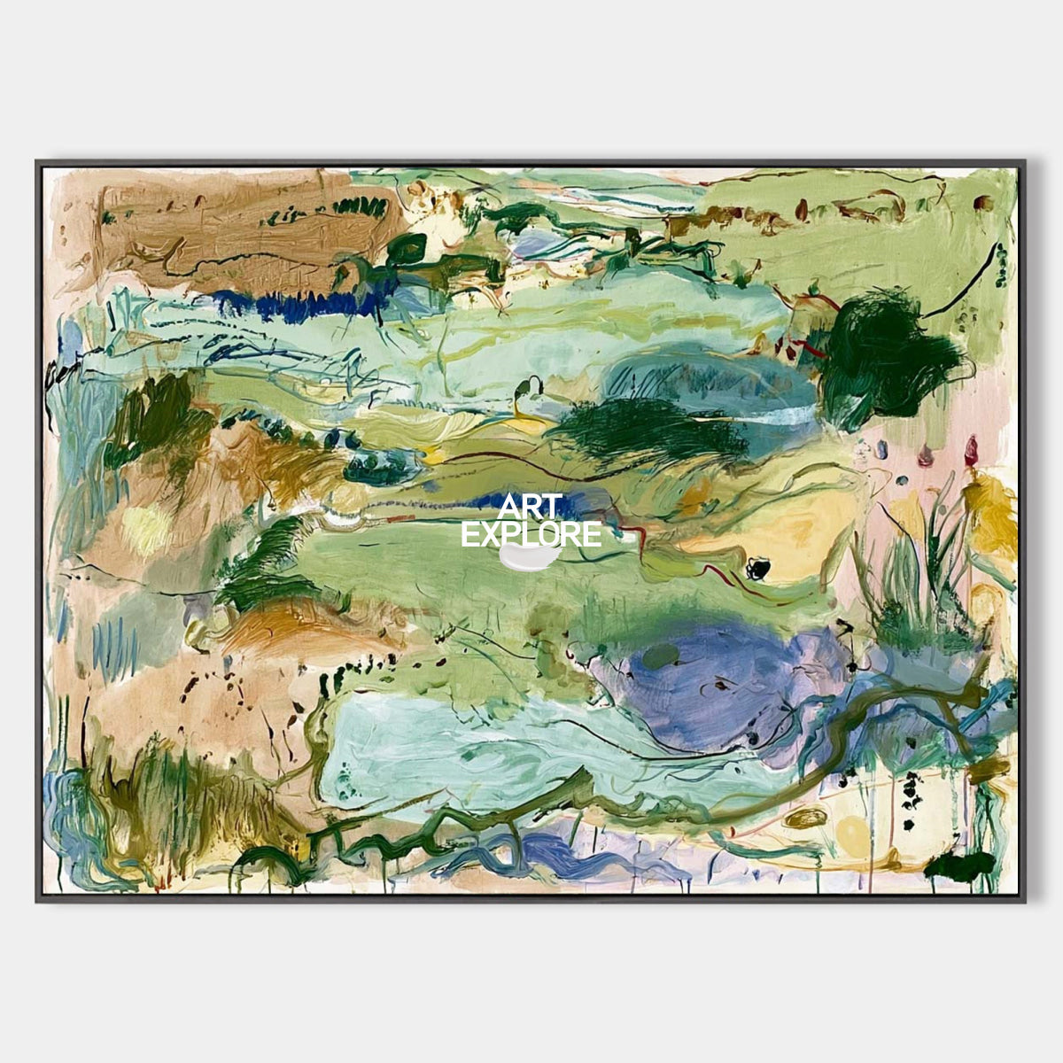 Abstract Green Landscape Canvas Painting Hand-Painted Wall Art With Blue And Beige Tones