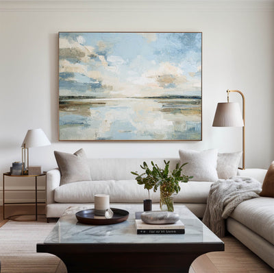 Abstract Lake Sunrise Artwork | Large Blue Textured Canvas Painting for Office | ArtExplore