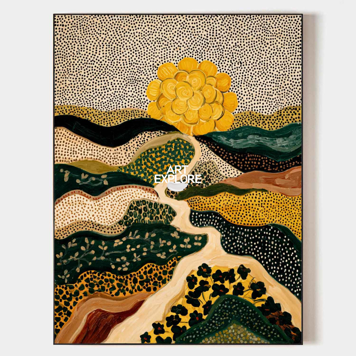 Abstract Landscape Painting Beige And Green With Golden Sun For Modern Living Room Decor