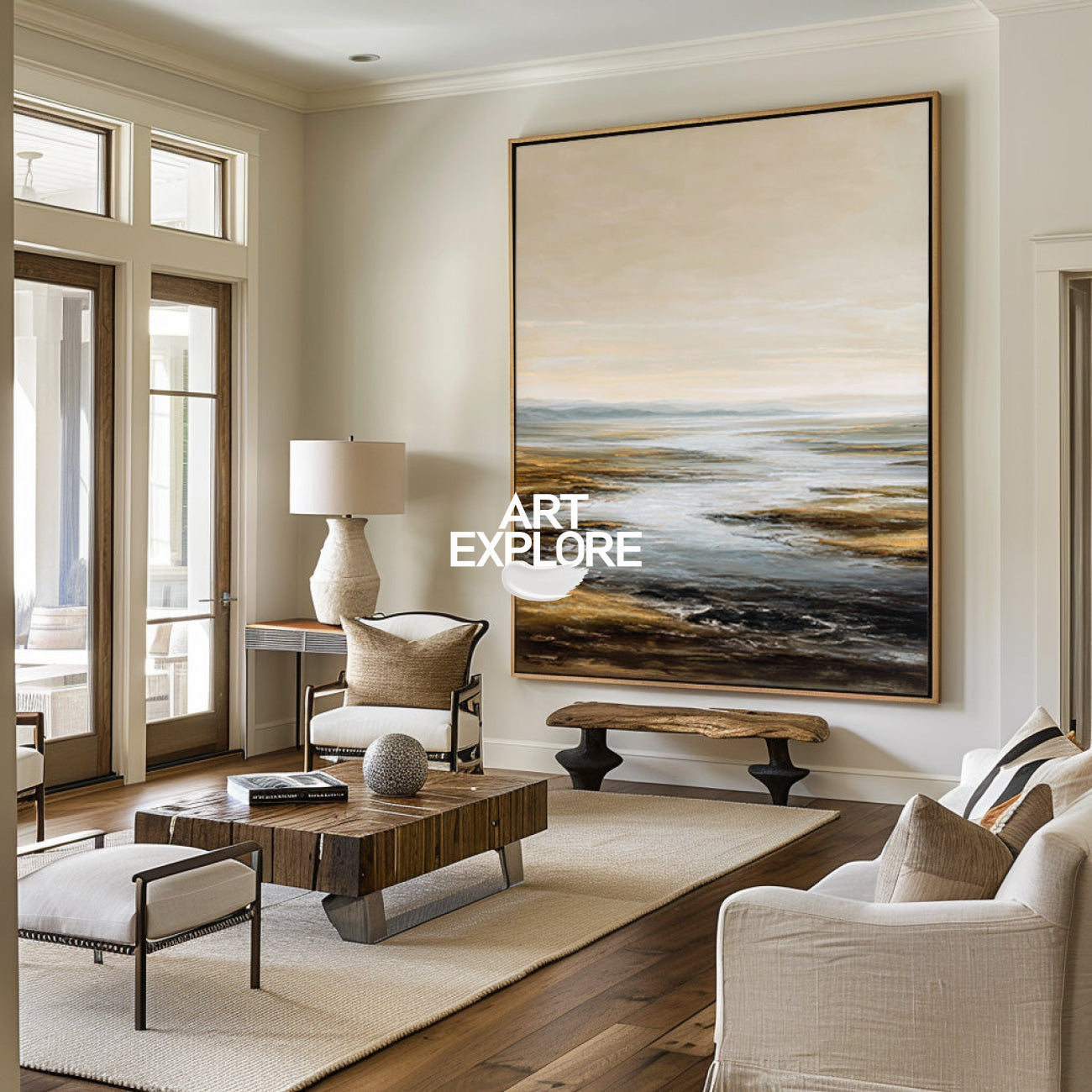 Abstract Texture Lake Landscape Art, Large Handmade Canvas for Cozy Home ArtExplore
