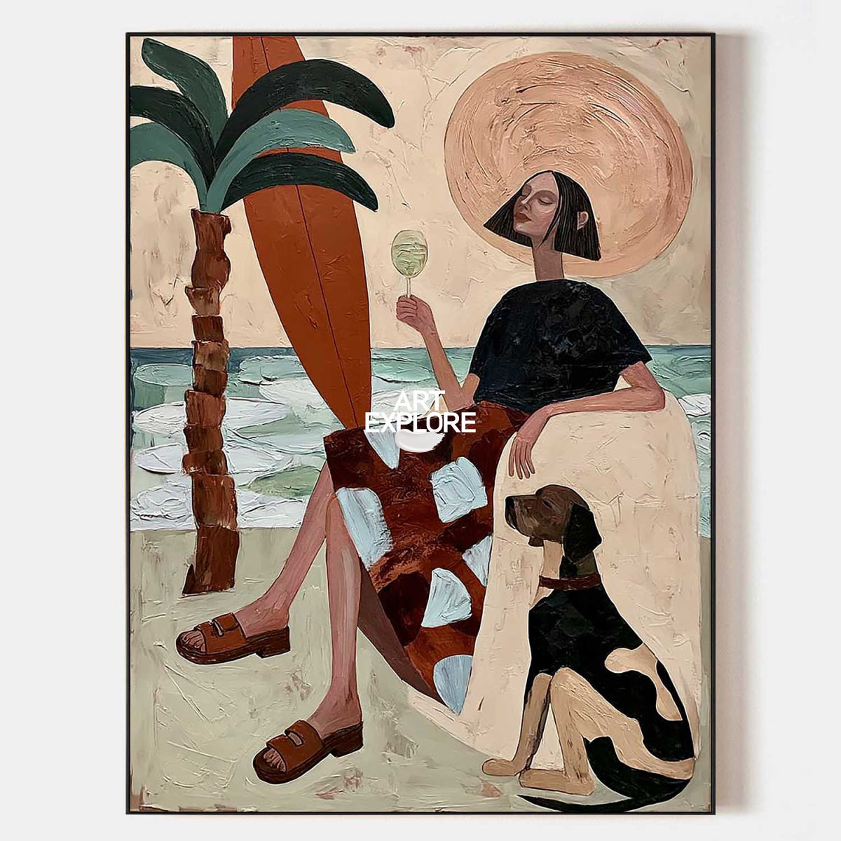 Abstract Woman And Dog Canvas Painting Hand-Painted Wall Art In Warm Beige Tones