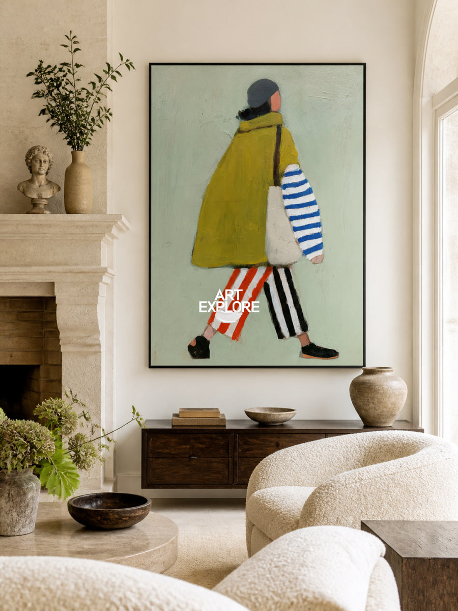 Minimalist Green Fashion Woman Painting Original Oil On Linen Canvas For Living Room Decor