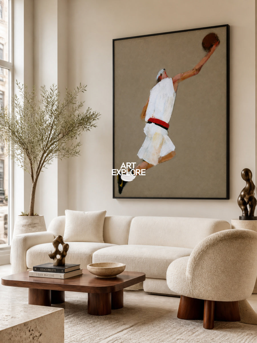 Abstract Basketball Player Canvas Painting In Brown And White For Modern Walls