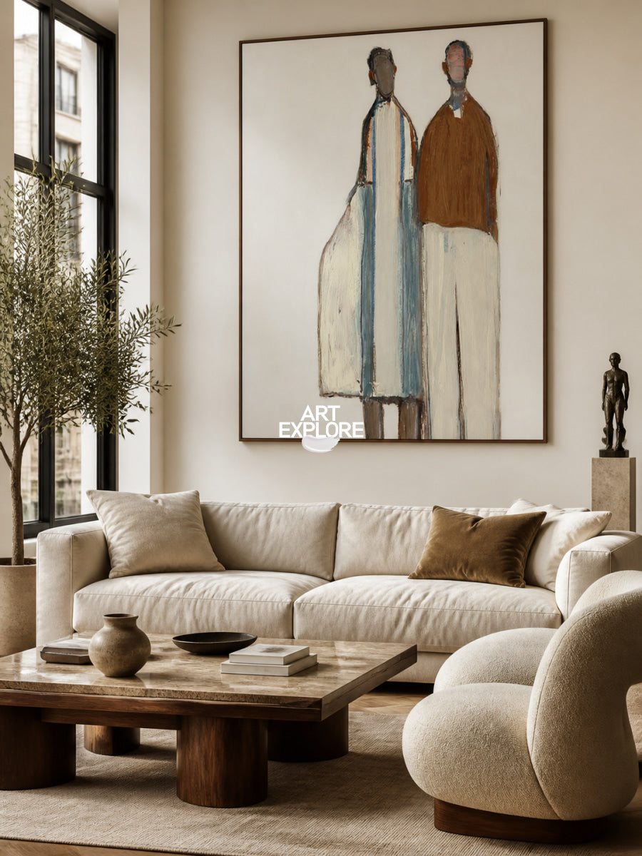Minimalist Figurative Art Painting In Beige And Brown For Modern Home Decor