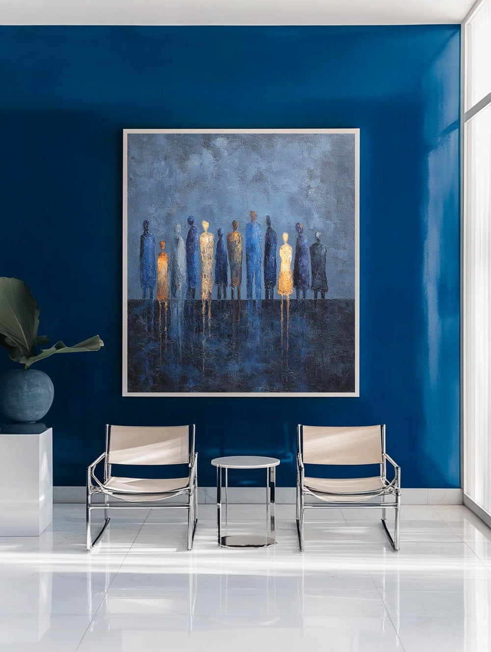 ArtExplore Blue People Silhouette Painting – Large Modern Abstract Art for Minimalist Home Interiors