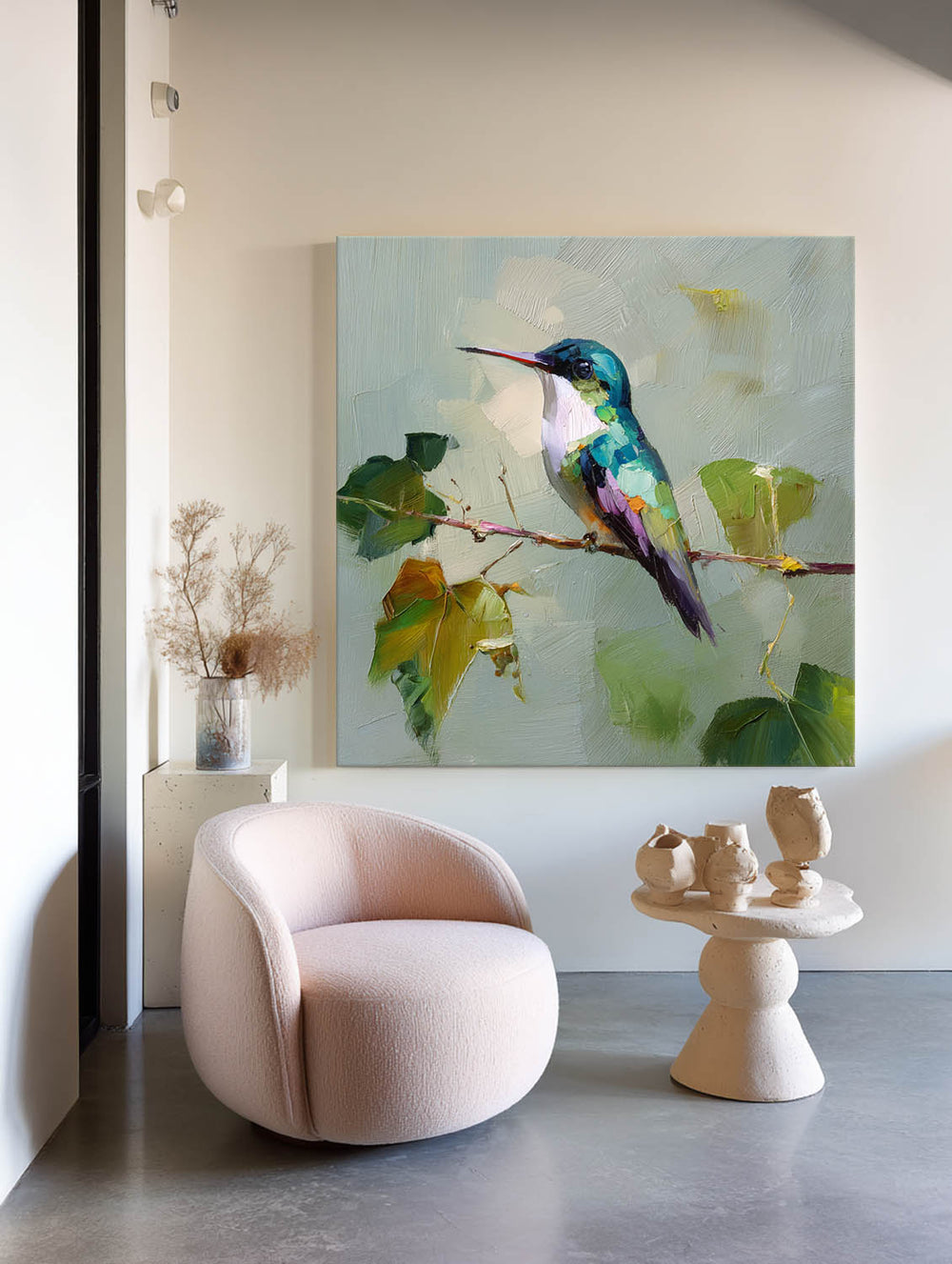 ArtExplore Handmade Hummingbird Canvas Painting | Modern Square Oil Wall Art Decor