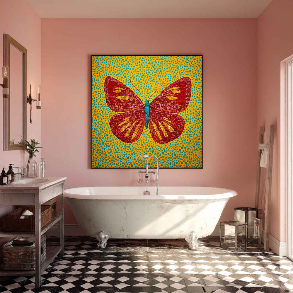 ArtExplore Handmade Modern Butterfly Painting for Bathroom – Large Handmade Wall Decor in Bold Red & Turquoise