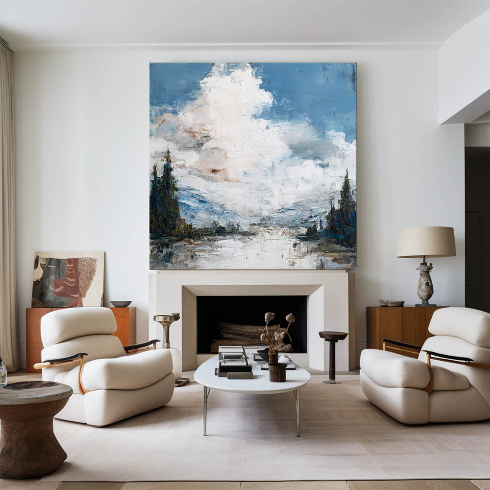 ArtExplore Handmade Textured Blue Horizon Oil Painting – Modern Coastal Tranquil Wall Decor