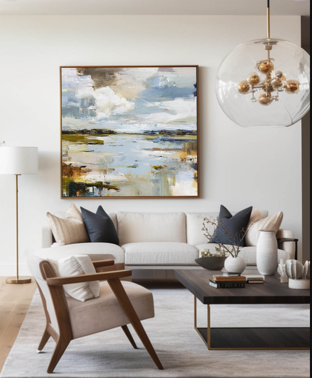 ArtExplore Large Blue Landscape Canvas – Minimalist Coastal Sunset Wall Art for Home Decor
