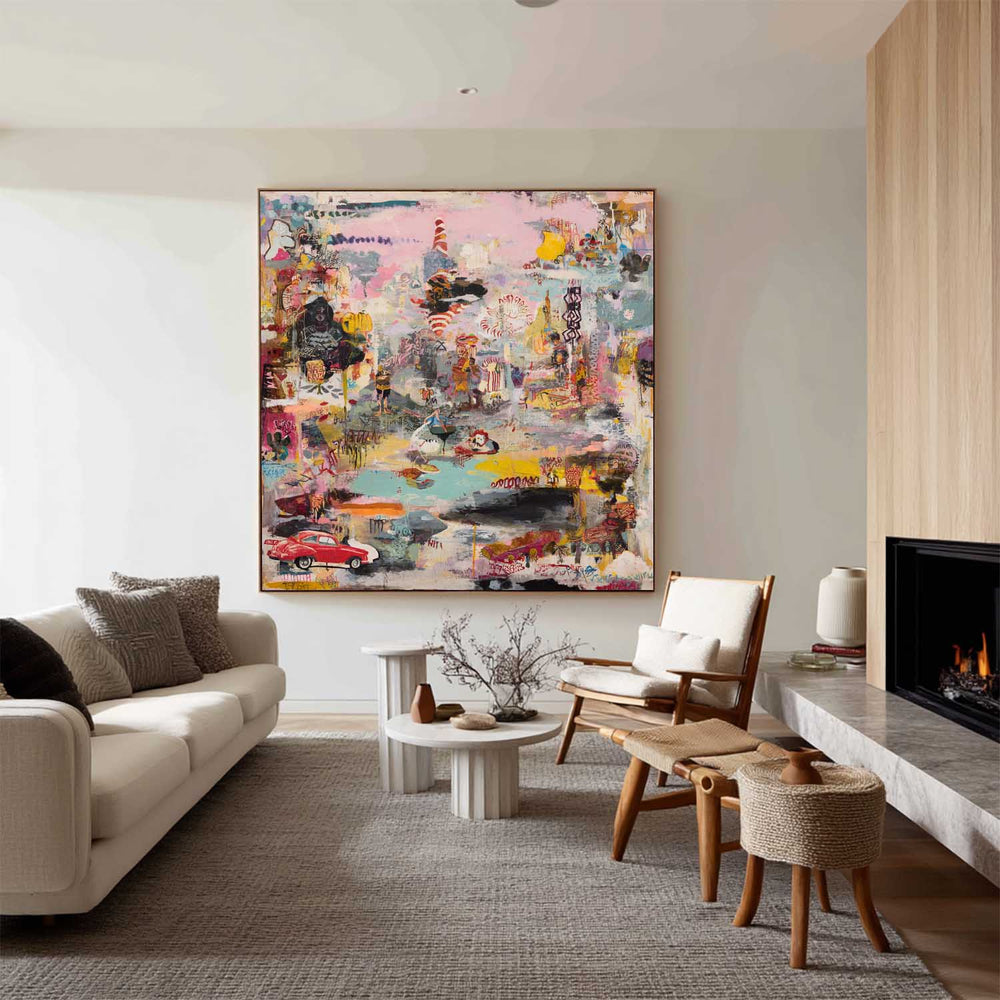 ArtExplore Large Pink Graffiti Canvas – Hand-Painted Modern Minimalist Wall Art