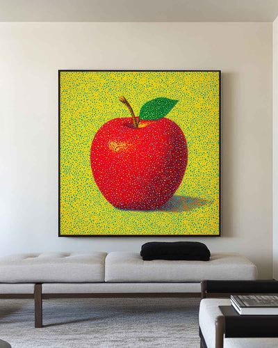 ArtExplore Modern Apple Painting – Bold Handmade Wall Art for Large Living Spaces, Vibrant Red and Yellow Pop Art