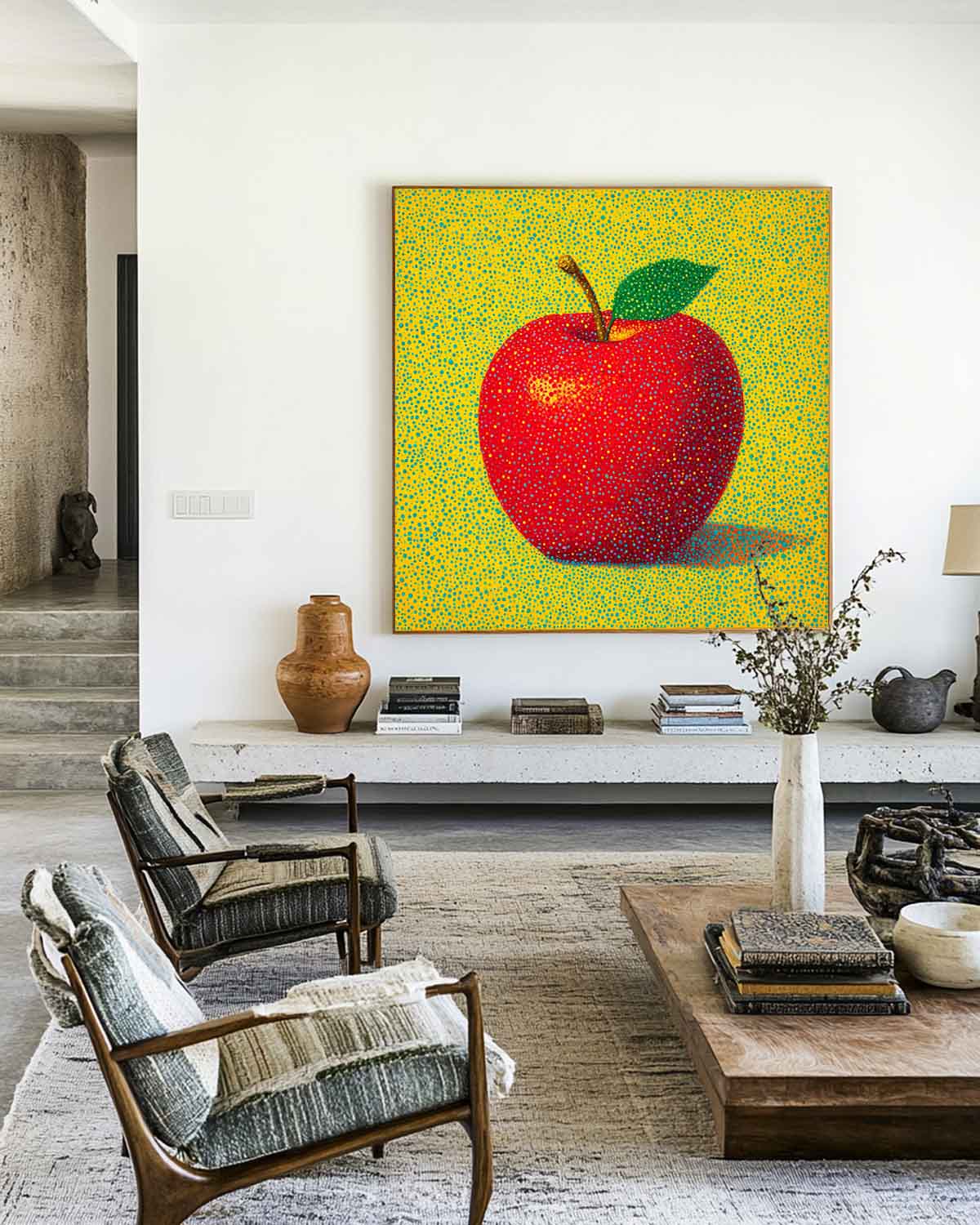 ArtExplore Modern Apple Painting – Bold Handmade Wall Art for Large Living Spaces, Vibrant Red and Yellow Pop Art