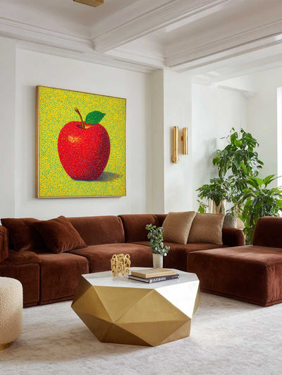ArtExplore Modern Apple Painting – Bold Handmade Wall Art for Large Living Spaces, Vibrant Red and Yellow Pop Art
