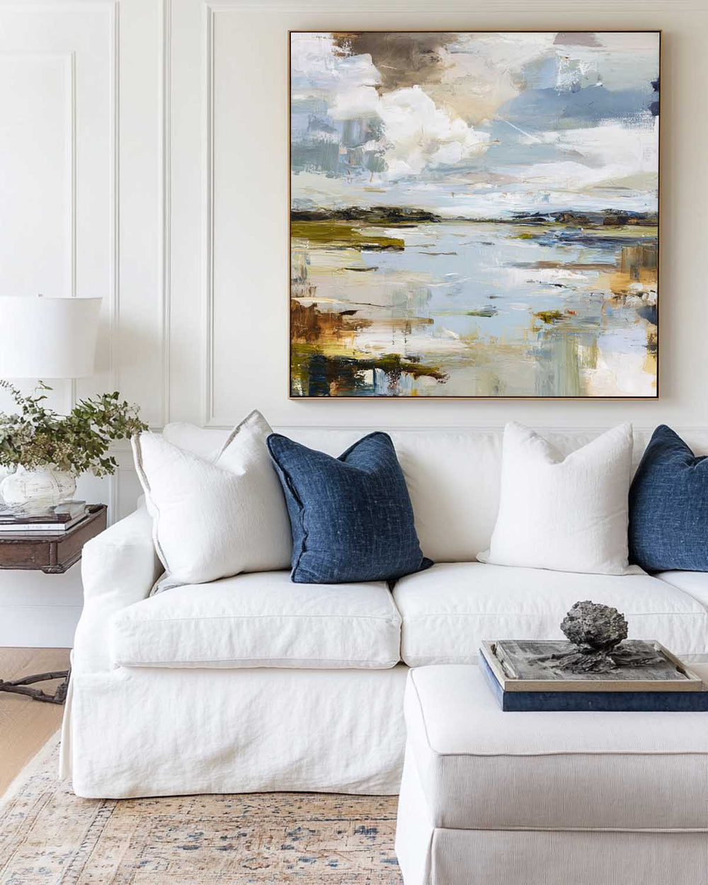 ArtExplore Modern Blue Coastal Landscape Oil Painting – Minimalist Wall Art for Living Room Decor