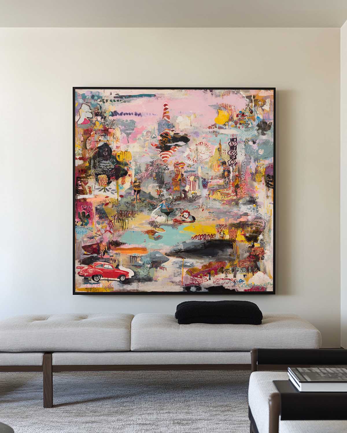 ArtExplore Modern Graffiti Painting – Oversized Pink Textured Canvas for Contemporary Home Décor