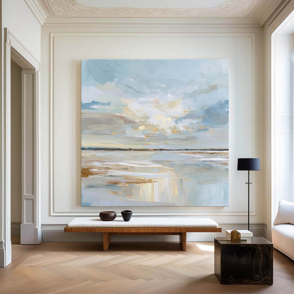 ArtExplore Modern Handmade Landscape Painting – Blue & Neutral Tones for Large Wall Decor