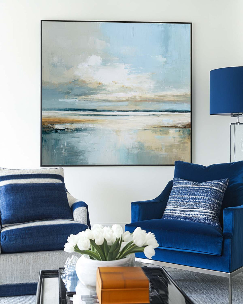 ArtExplore Modern Landscape Wall Art – Oversized Handmade Blue Seascape Canvas for Large Space Home Decoration