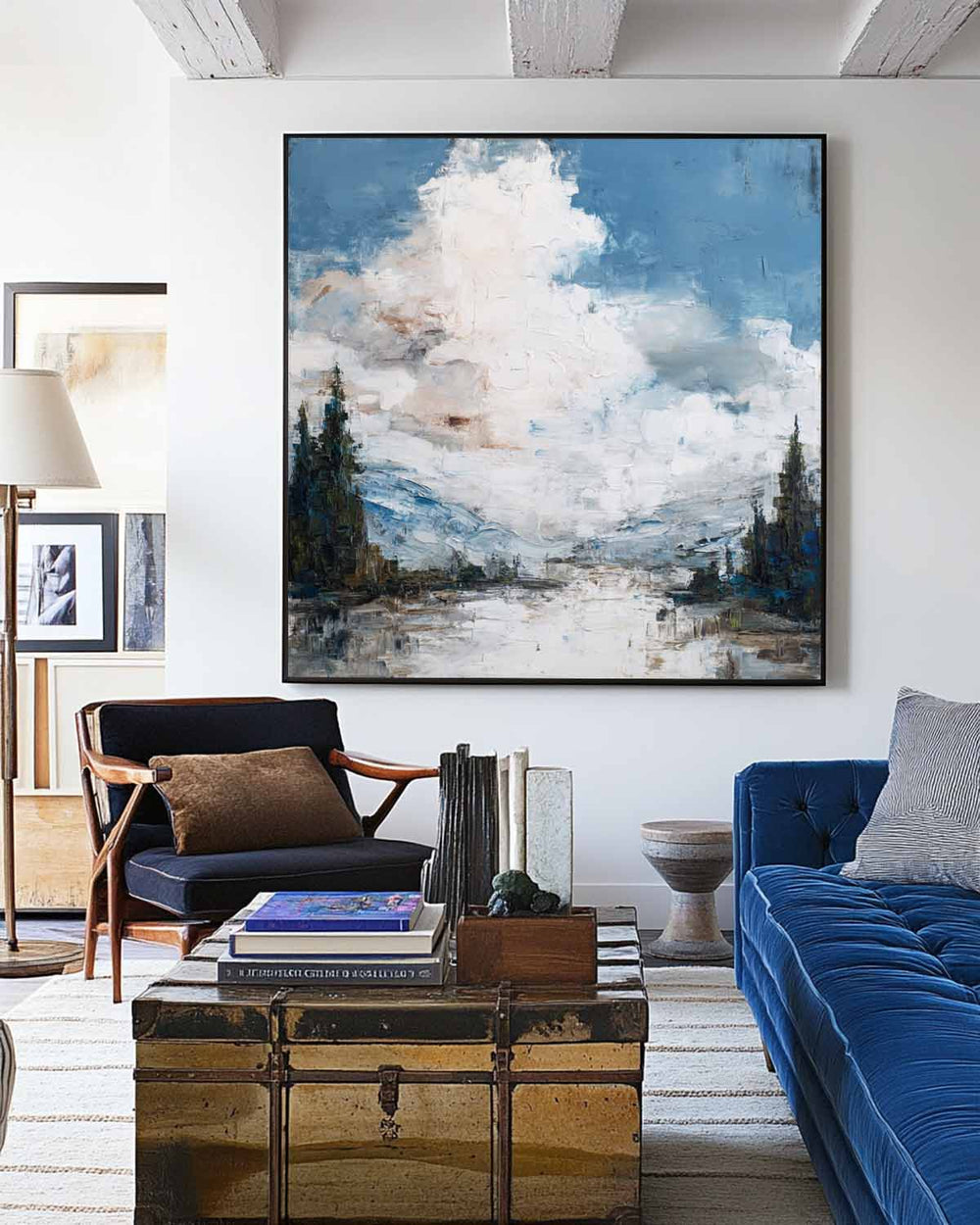 ArtExplore Oversized Blue Coastal Landscape – Minimalist Handmade Textured Canvas Art