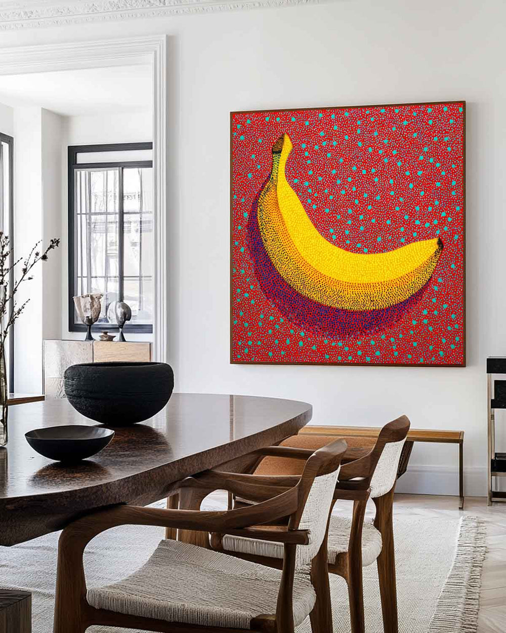 ArtExplore Pop Art Banana Painting – Bold Handmade Yayoi Kusama Wall Art Large Dining Room Wall Art