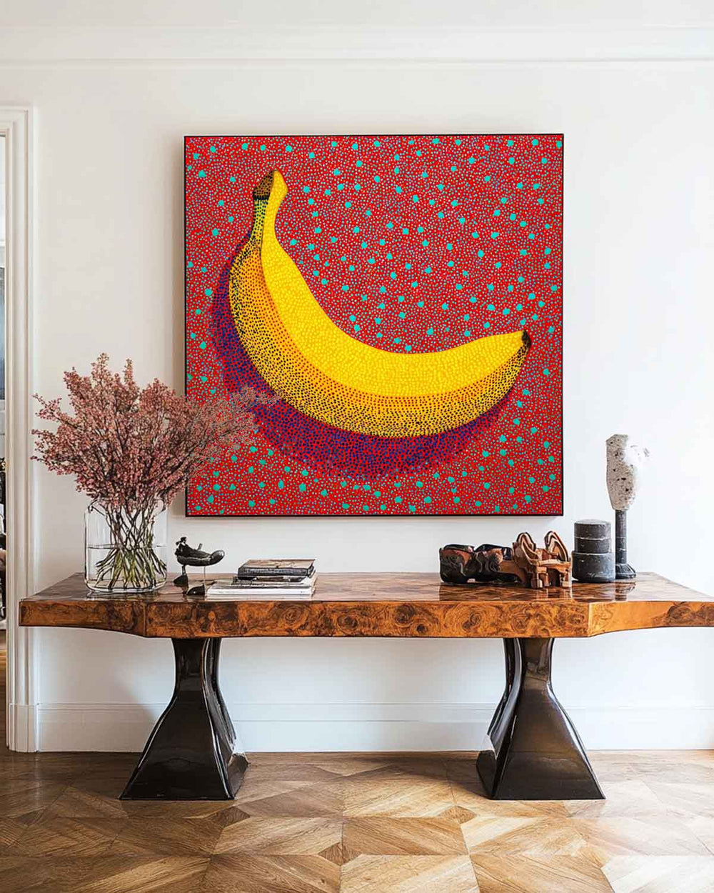 ArtExplore Pop Art Banana Painting – Bold Handmade Yayoi Kusama Wall Art Large Living Room Wall Art