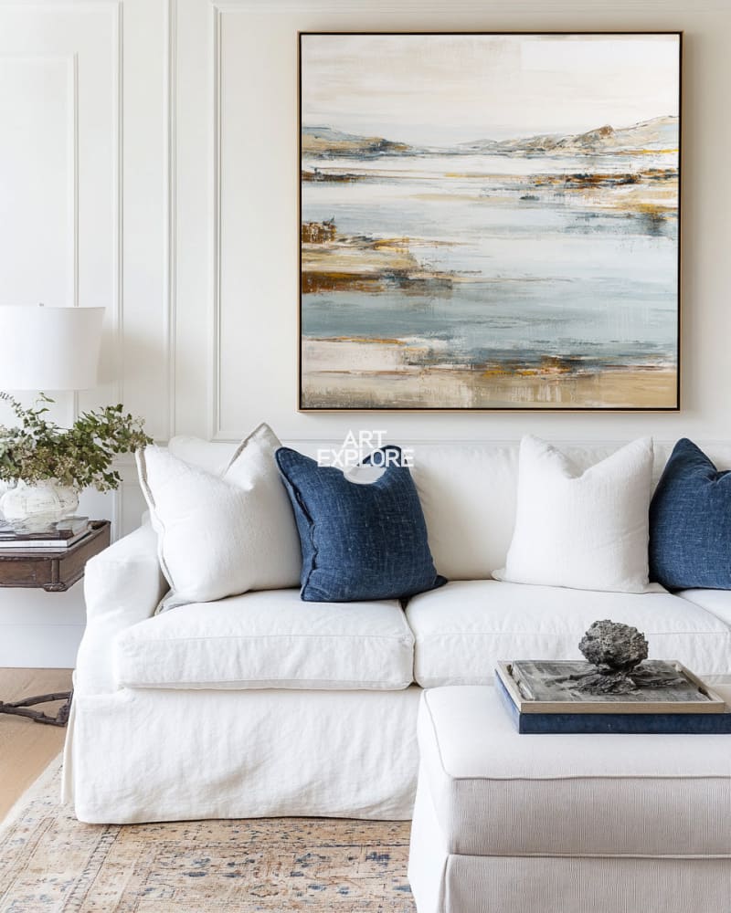 Beige & Blue Lake Painting | Minimalist Textured Landscape Wall Art ArtExplore