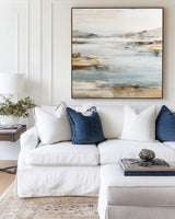 Beige & Blue Lake Painting | Minimalist Textured Landscape Wall Art ArtExplore