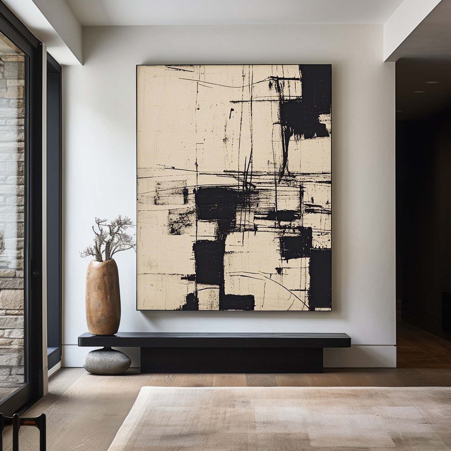 Large Beige Painting Thick Texture Canvas Art Wabi Sabi Black Beige Wall Art Livingroom Wall Art