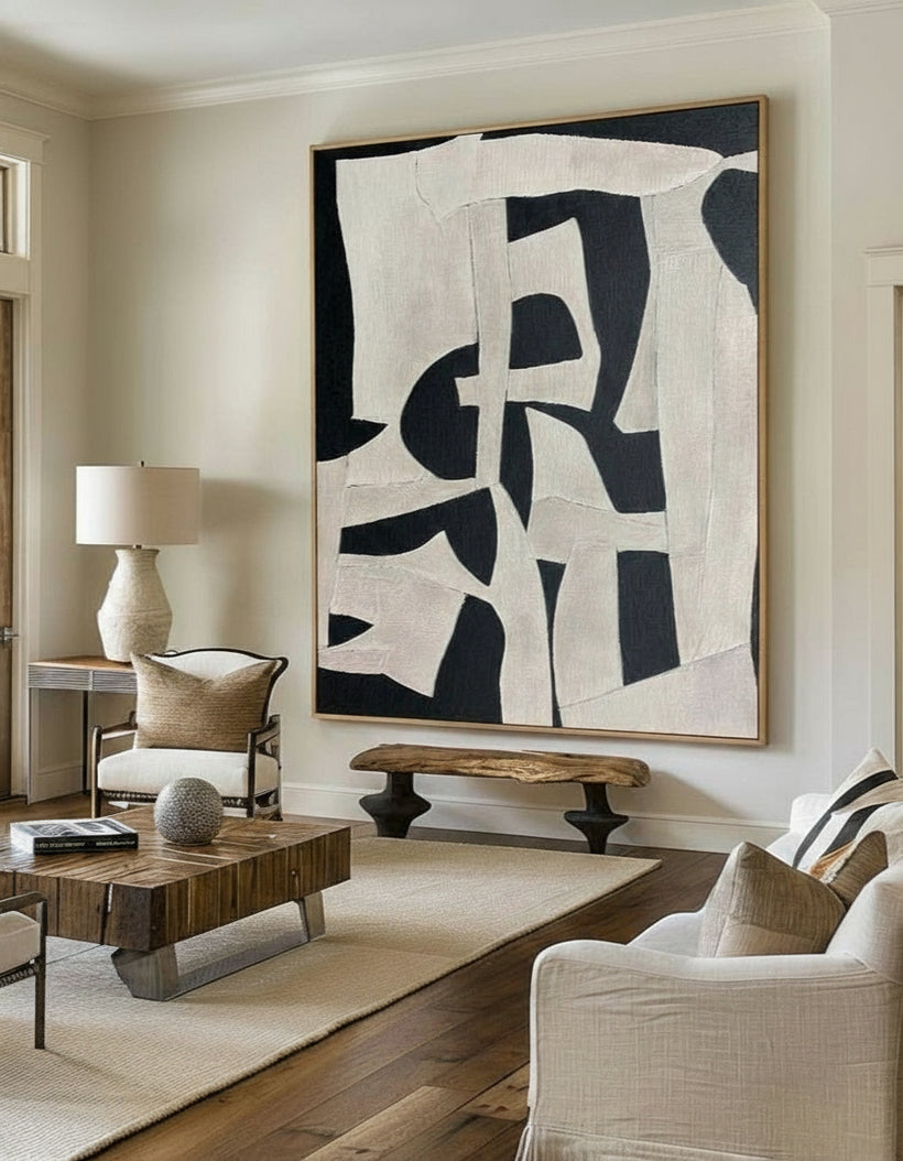 Black And White Canvas Painting Modern Minimalist Painting Abstract Canvas Wall Art For Livingroom