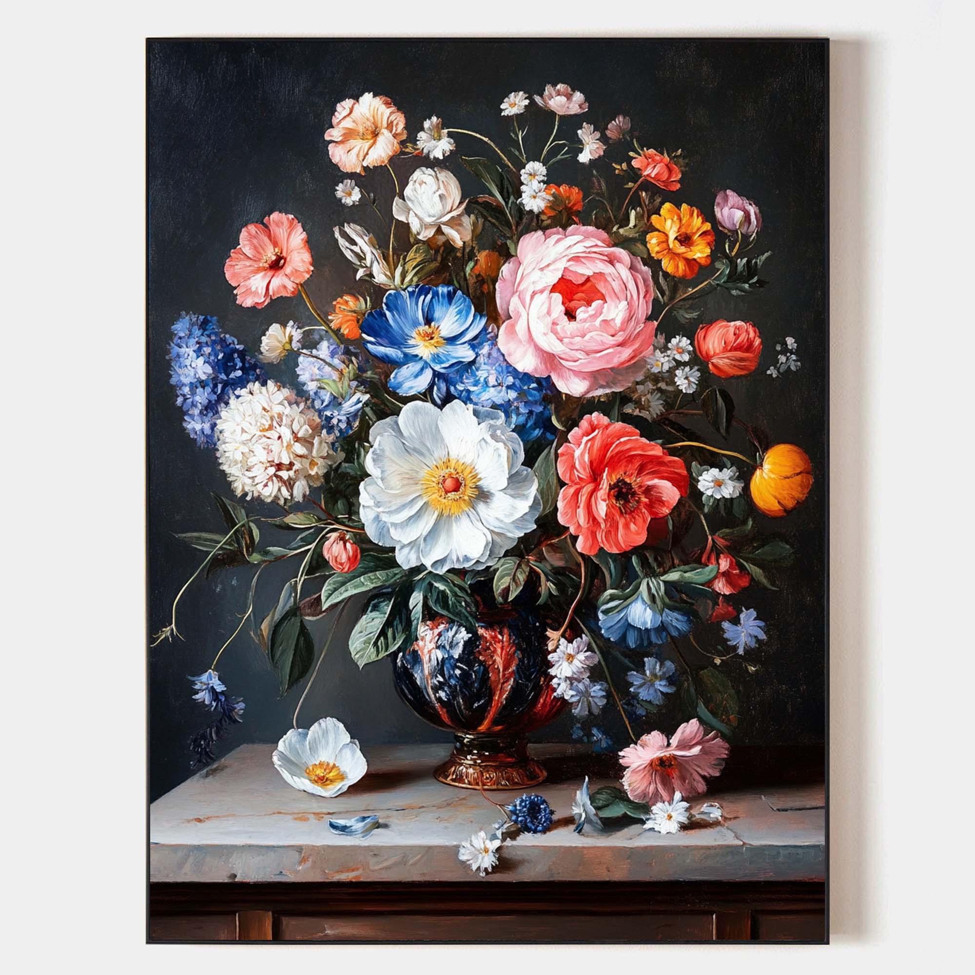 Black Bouquet Oil Painting Modern Baroque Floral Painting Flower Canvas Wall Art Livingroom Wall Art