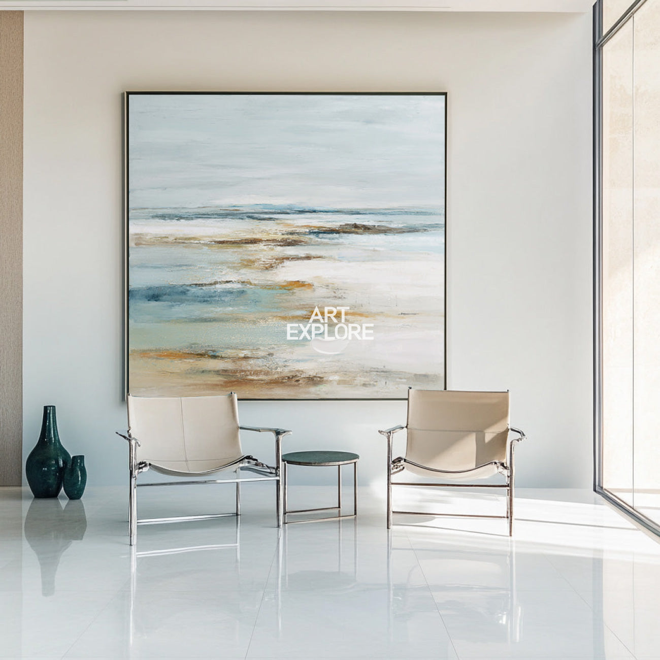Blue Beige Abstract Seaside Oil Painting Textured Modern Wall Art – ArtExplore
