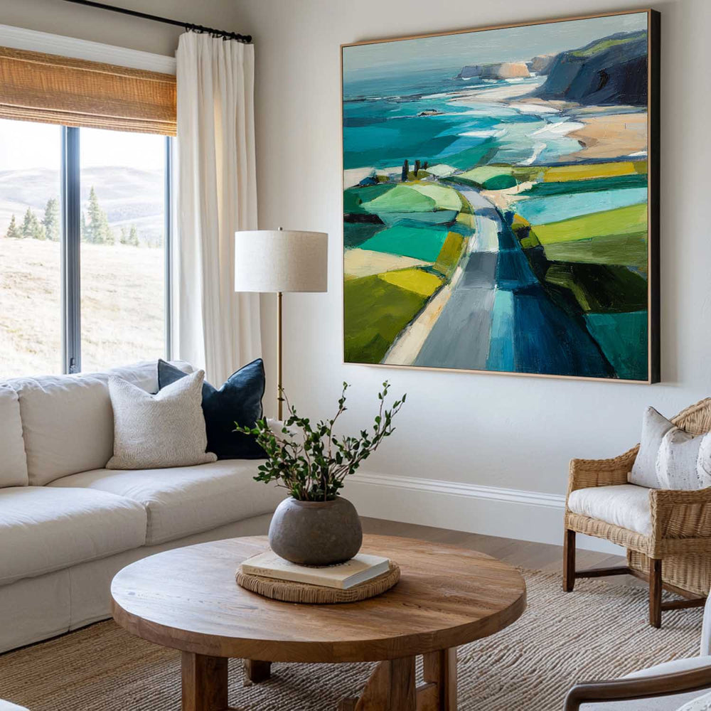 Blue Coastal Wall Art Large Blue Abstract Coastal Landscape Oil Painting For Living Room, ArtExplore