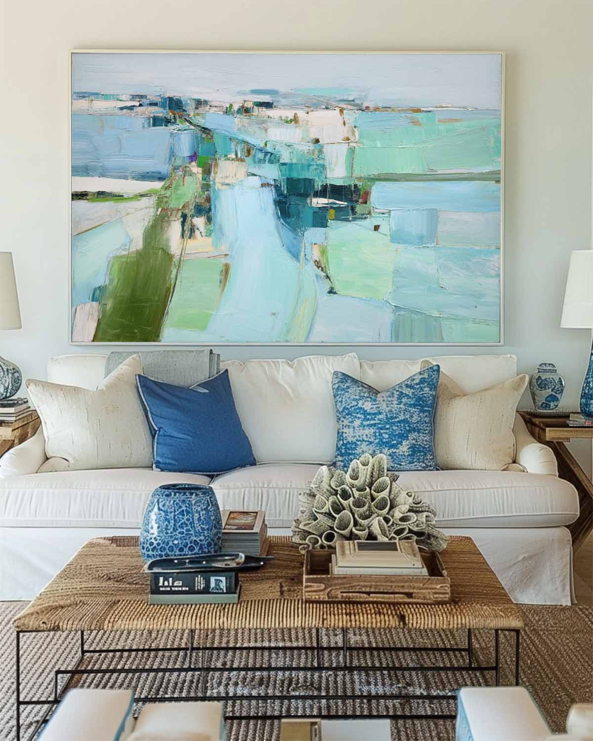 Blue Green Wall Art Blue Textured Painting Large Blue Minimalist Canvas Art Blue Abstract Painting