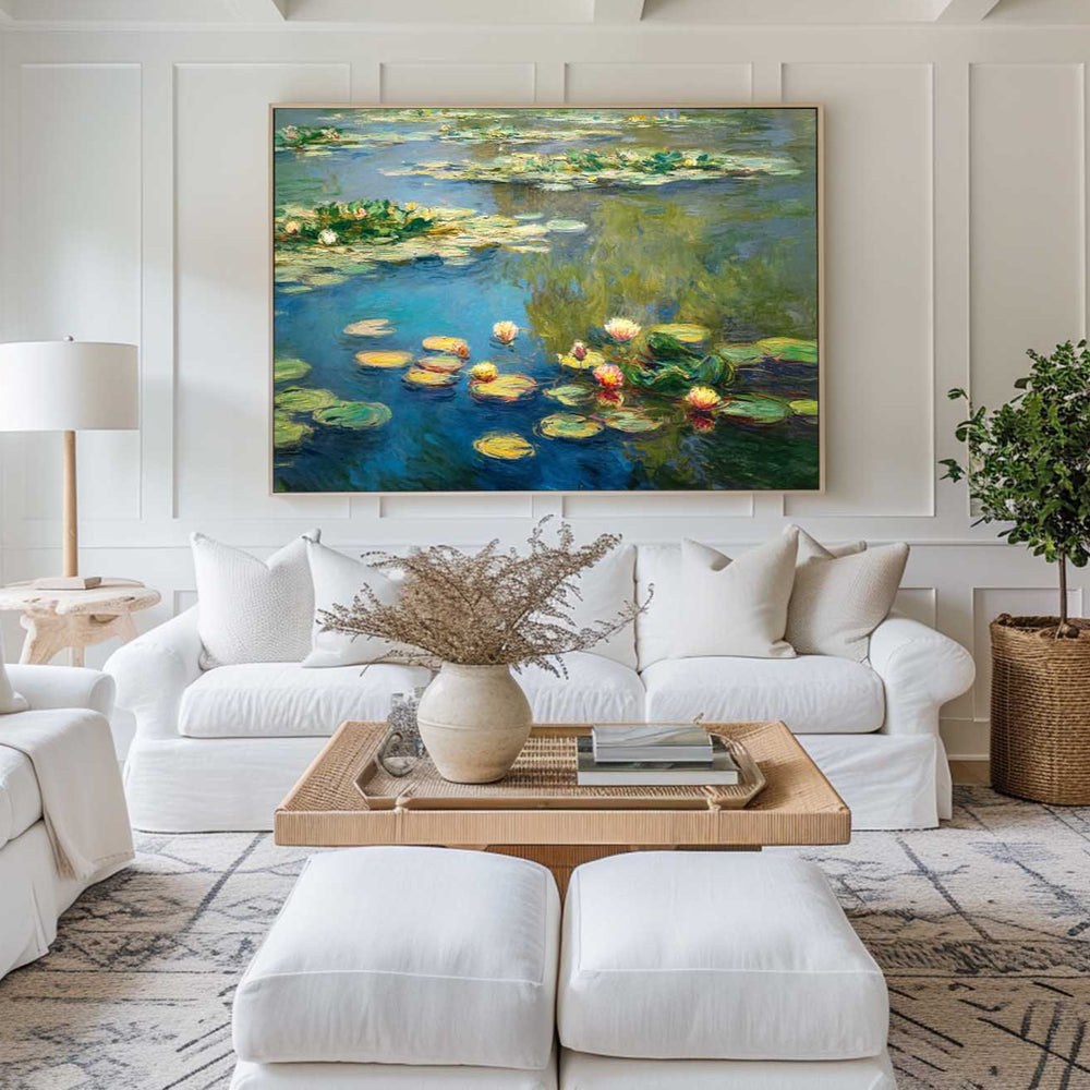 Modern Blue Green Water Lily Painting Large Lake Landscape Wall Art Blue Swamp Wall Art For Sale