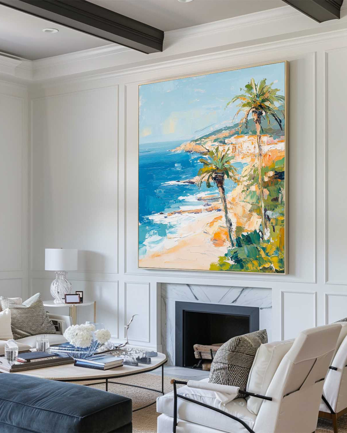 Modern Hawaiian Landscape Painting Palm Beach Wall Painting Blue Textured Seaside Wall Art for Sale