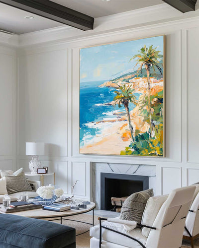 Modern Hawaiian Landscape Painting Palm Beach Wall Painting Blue Textured Seaside Wall Art for Sale