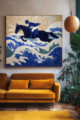 Blue Horse Racing Art | Square Textured Oil Painting for Modern Decor