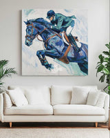 Blue Horse Riding Wall Art | Large Minimalist Equestrian Painting ArtExplore