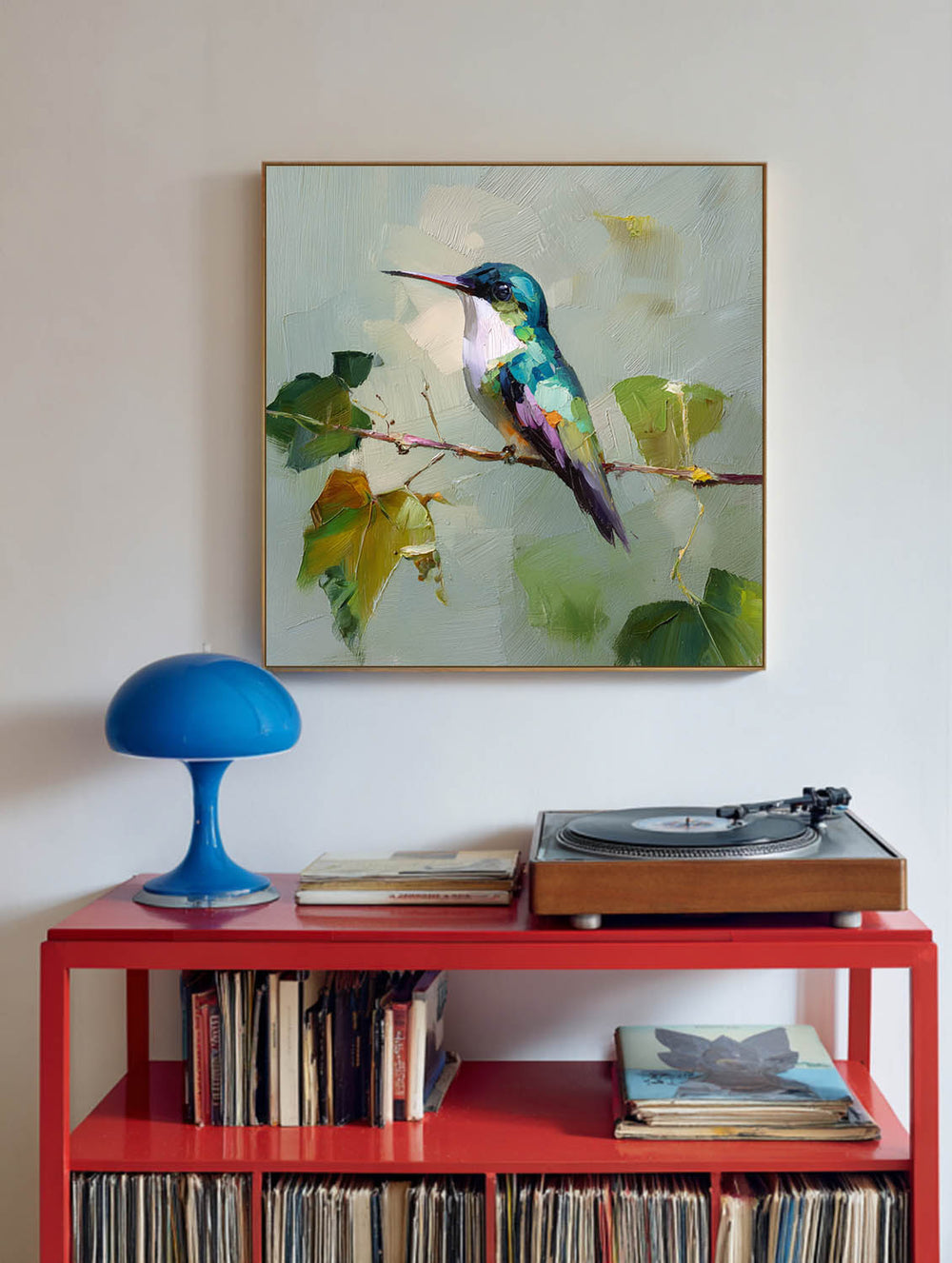 Blue Hummingbird Wall Art | Handmade Square Oil Painting for Living Room & Office