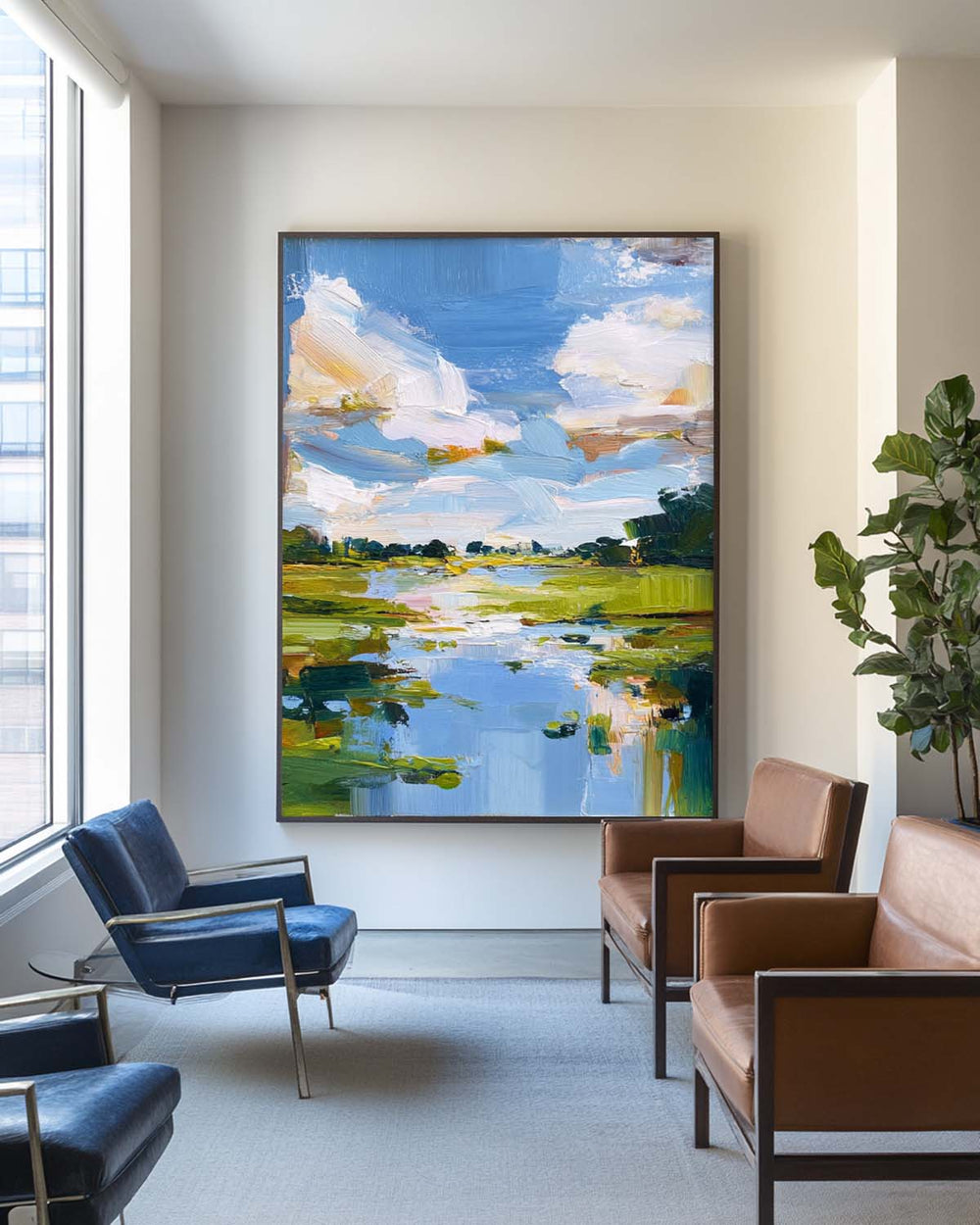 Modern Blue Lake Landscape Painting Large Pond Oil Painting Blue Green Texture Abstract Wall Art