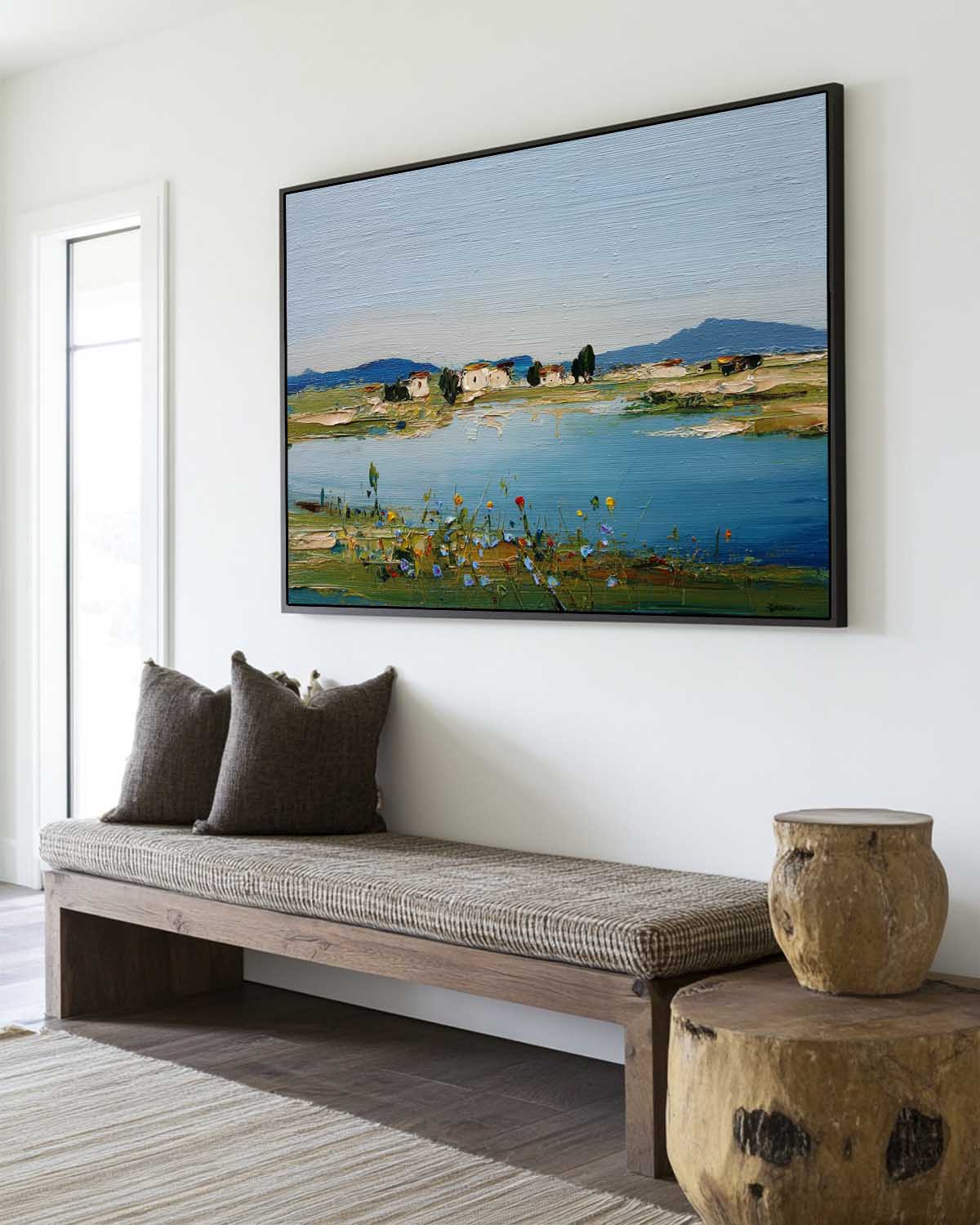 Blue Lake Scenery Painting Large Blue Textured Landscape Wall Art Blue Abstract Wall Art For Sale