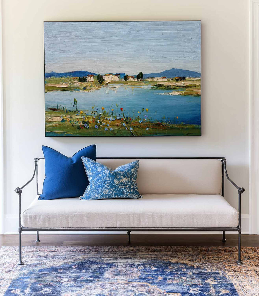 Blue Lake Scenery Painting Large Blue Textured Landscape Wall Art Blue Abstract Wall Art For Sale