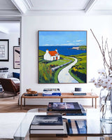 Large Blue Landscape Wall Art Modern Countryside View Textured Wall Art Landscape Painting For Sale