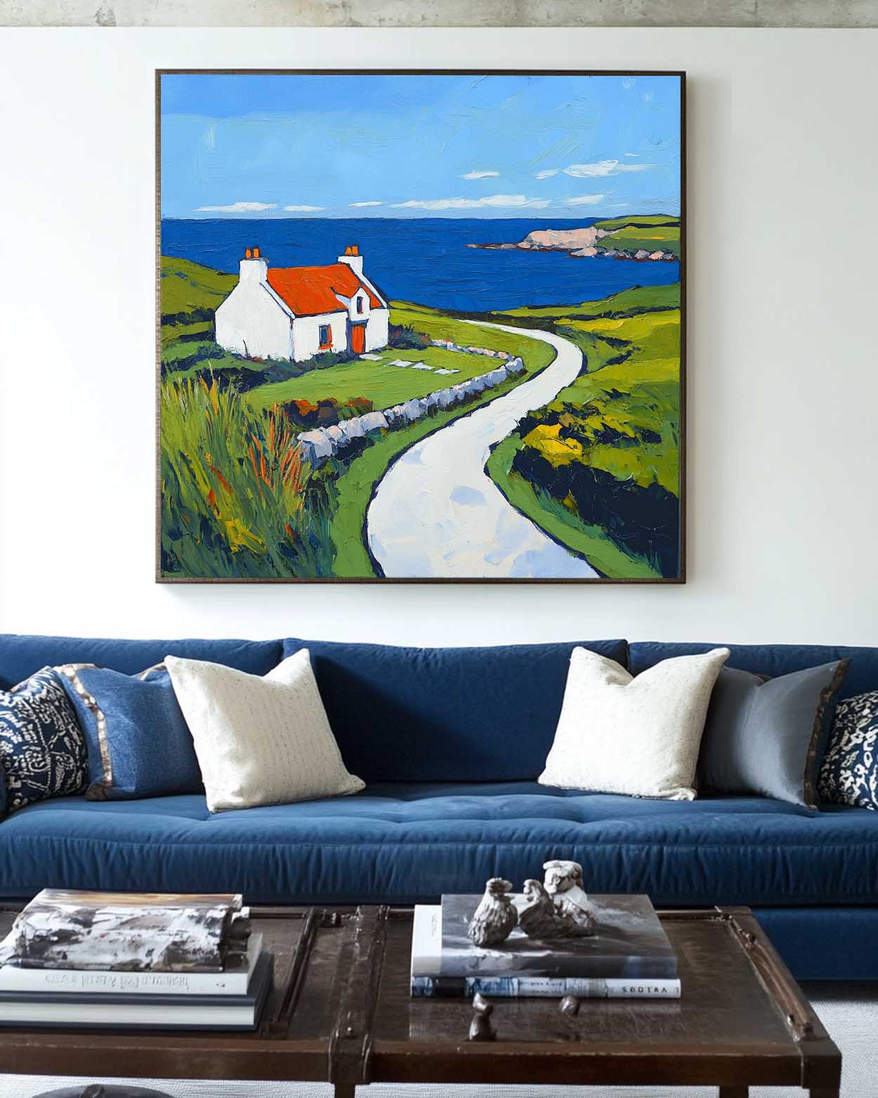 Large Blue Landscape Wall Art Modern Countryside View Textured Wall Art Landscape Painting For Sale