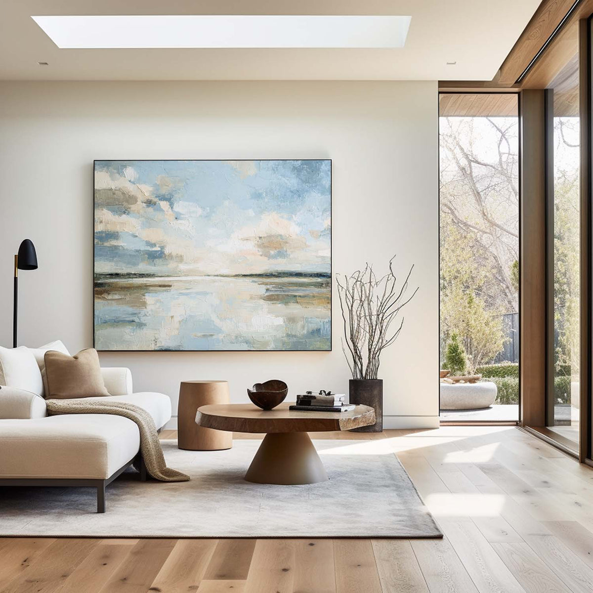 Blue Modern Horizon Wall Art | Minimalist Sunrise Lake Painting on Canvas | ArtExplore