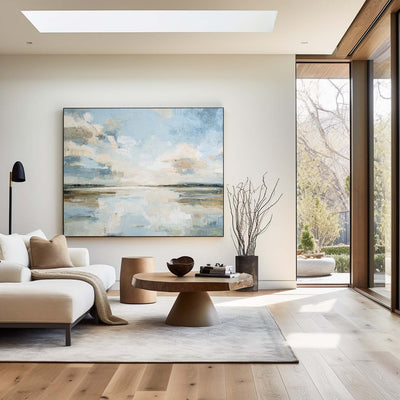 Blue Modern Horizon Wall Art | Minimalist Sunrise Lake Painting on Canvas | ArtExplore