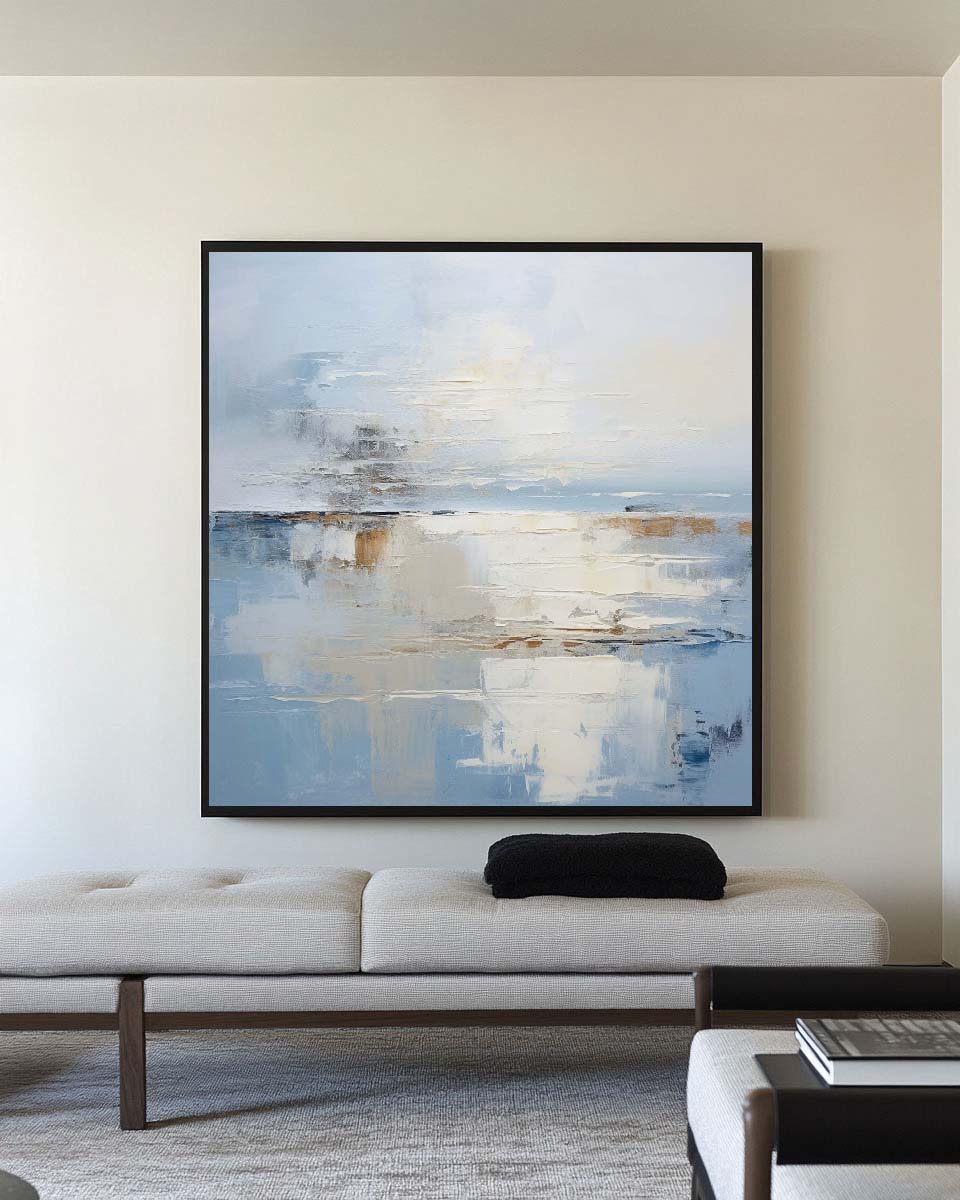 Large Blue Palette Knife Painting Minimalist Wall Art Blue And White Texture Painting For Sale
