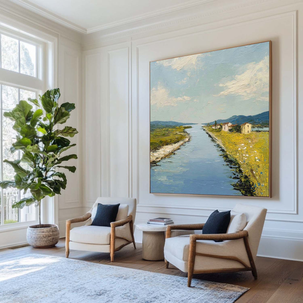 Blue Rural Lake Scenery Oil Painting Large Blue Lake Textured Abstract Landscape Wall Art For Sale