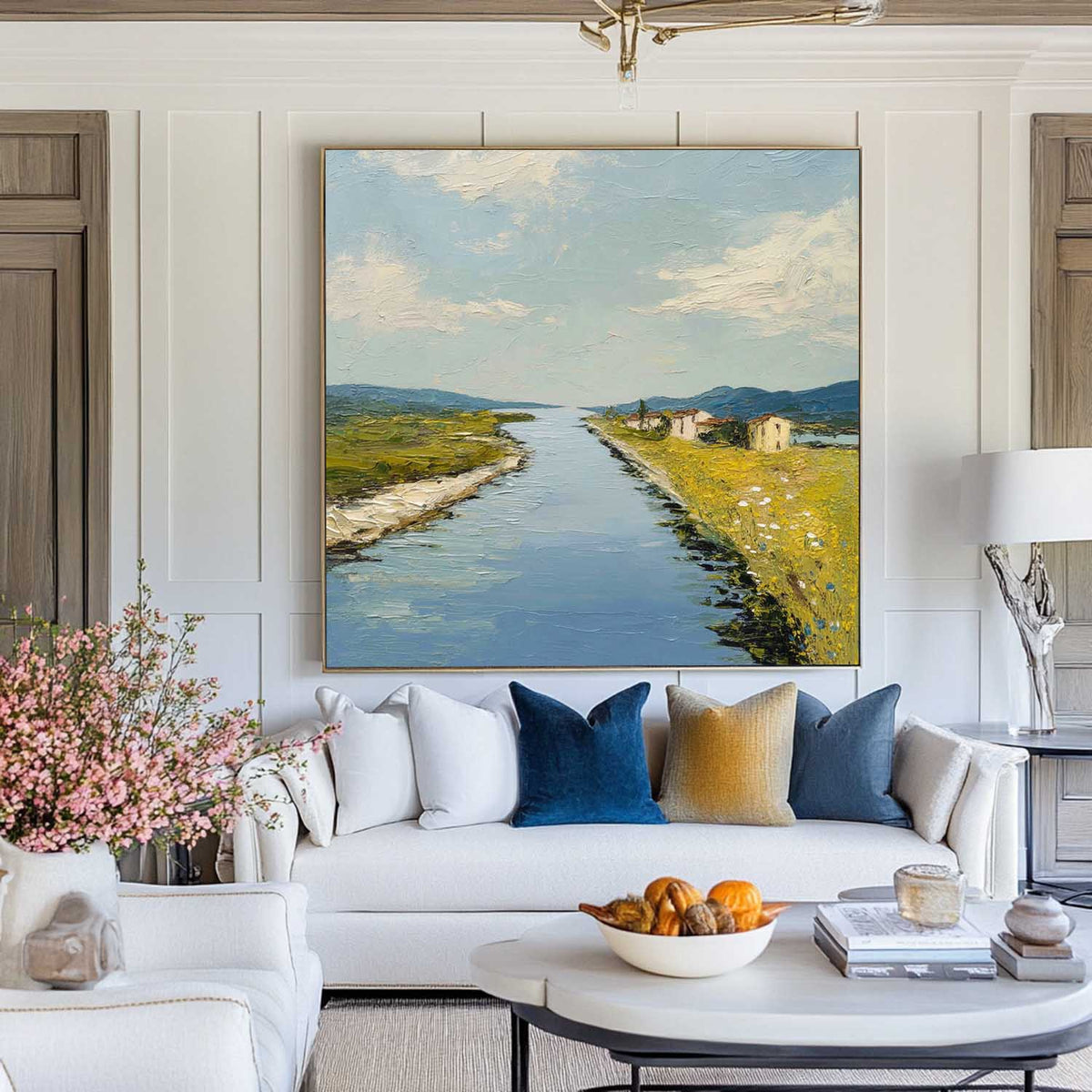 Blue Rural Lake Scenery Oil Painting Large Blue Lake Textured Abstract Landscape Wall Art For Sale