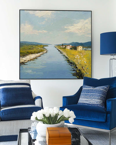 Blue Rural Lake Scenery Oil Painting Large Blue Lake Textured Abstract Landscape Wall Art For Sale