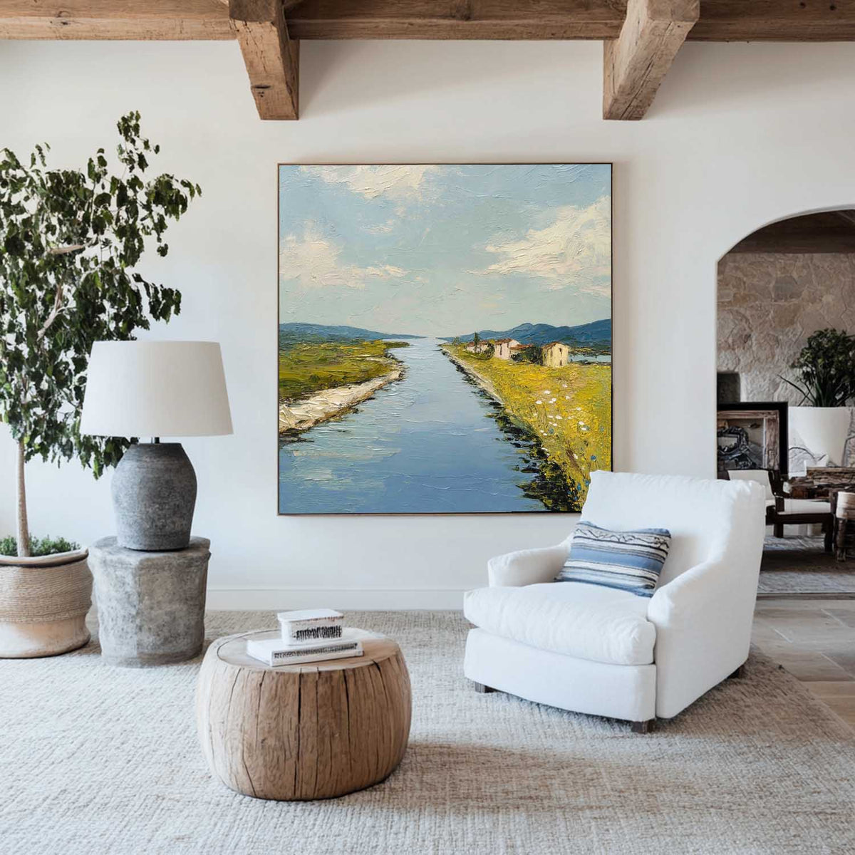 Blue Rural Lake Scenery Oil Painting Large Blue Lake Textured Abstract Landscape Wall Art For Sale